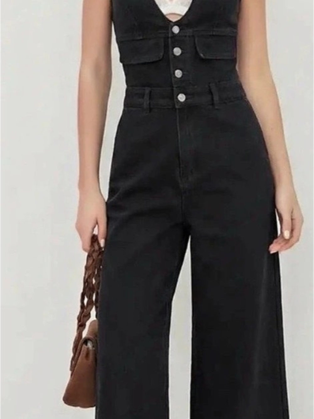 Cider Denim V-neck Button Pocket Wide Leg Jumpsuit